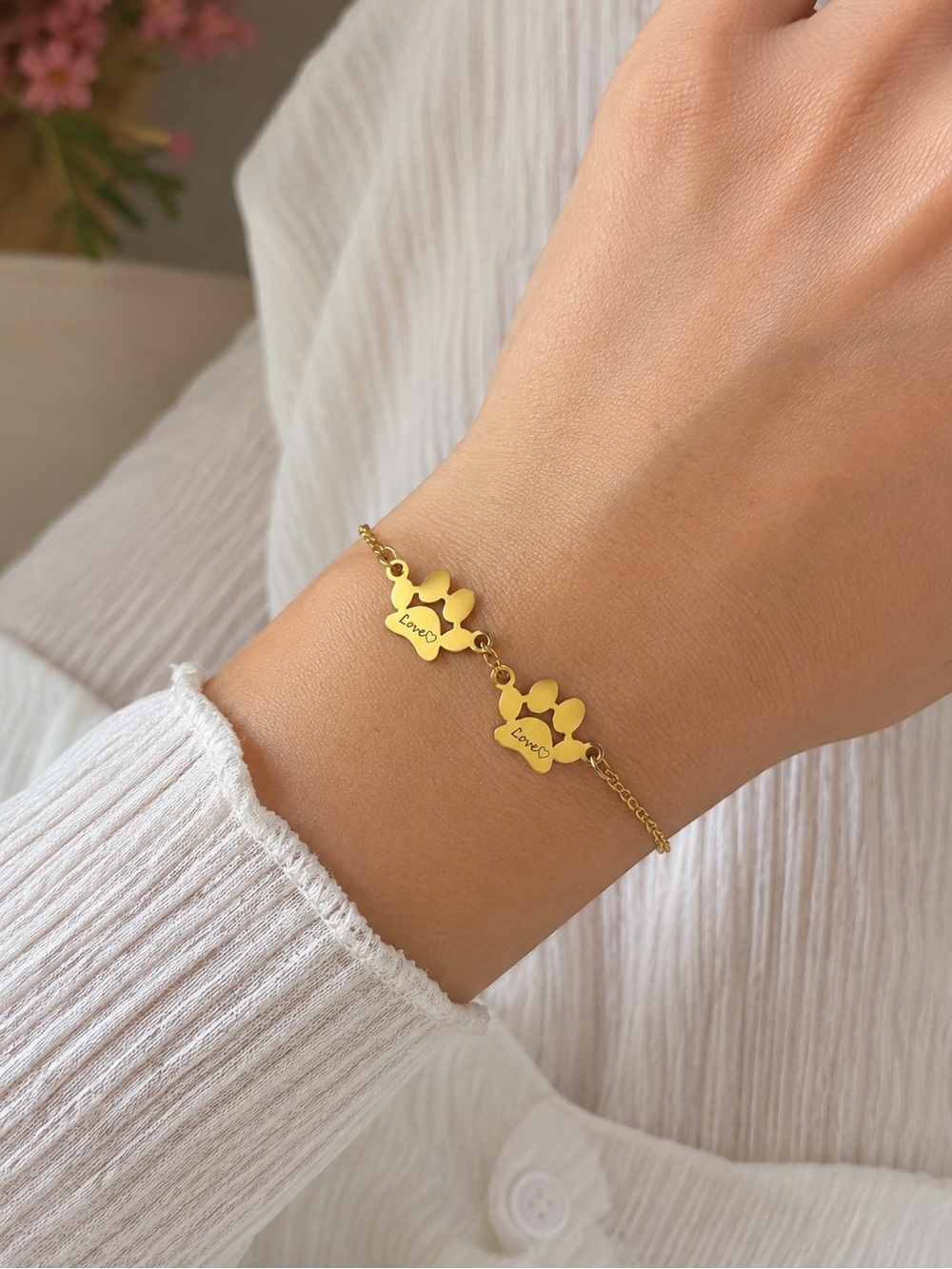 Gold Paw Print Bracelet – Love Heart Charm | Stainless Steel Pet 🐾💛